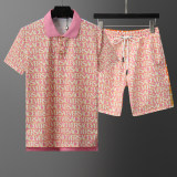 2024 Men's New Spring Summer Fashion Jacquard Casual Short-Sleeved Polo Suit Pink KK-6520