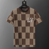 2024 Spring Summer Men's New Classic Plaid Casual Short Sleeve T-Shirt Shorts Set Brown KK-6536