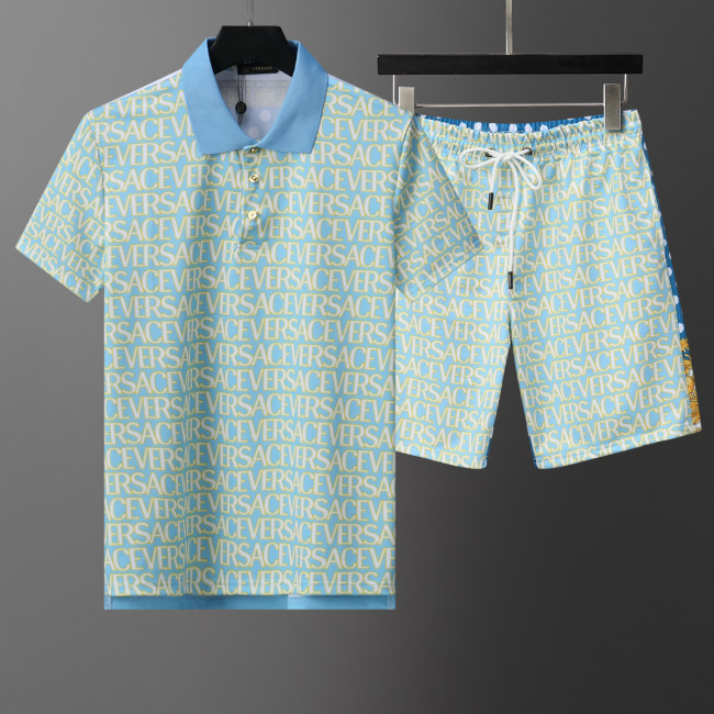 2024 Men's New Spring Summer Fashion Jacquard Casual Short-Sleeved Polo Suit Blue KK-6520
