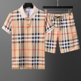 2024 Spring Summer Men's New Classic Striped Casual Short Sleeve Polo Shirt Shorts Set Light Brown KK-6521
