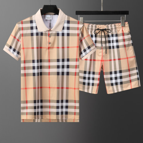 2024 Spring Summer Men's New Classic Striped Casual Short Sleeve Polo Shirt Shorts Set Light Brown KK-6521