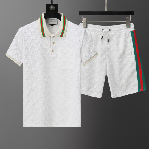2024 Spring Summer Men's New Fashion Jacquard Logo Casual Short Sleeve Polo Shirt Shorts Set White KK-6524