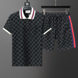 2024 Spring Summer Men's New Fashion Jacquard Logo Casual Short Sleeve Polo Shirt Shorts Set Black KK-6524