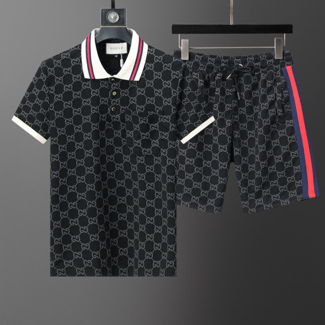 2024 Spring Summer Men's New Fashion Jacquard Logo Casual Short Sleeve Polo Shirt Shorts Set Black KK-6524