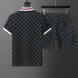 2024 Spring Summer Men's New Fashion Jacquard Logo Casual Short Sleeve Polo Shirt Shorts Set Black KK-6524