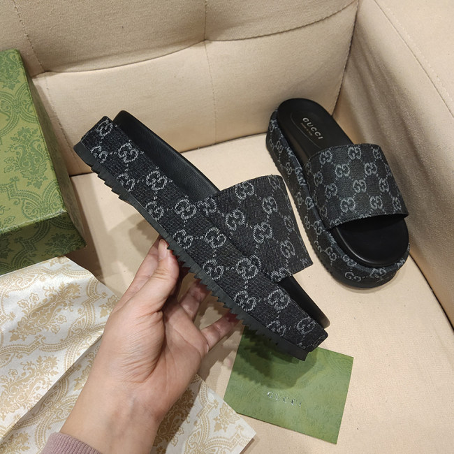 GG Angelina Platform 55mm Embroidery  Slippers Black