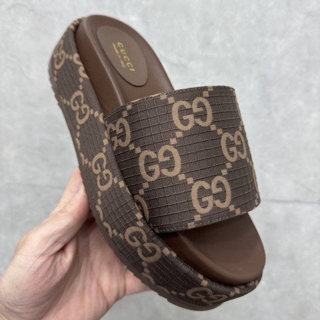 GG Angelina Platform 55mm Embroidery Slippers Brown