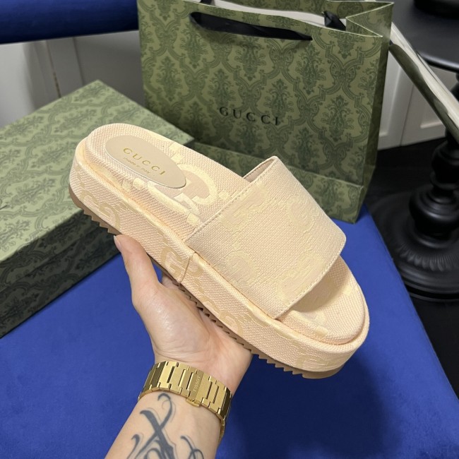 GG Angelina Platform 55mm Embroidery  Slippers Beige