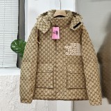 Winter Embroidered Logo Hooded Down Jacket with Pockets Khaki