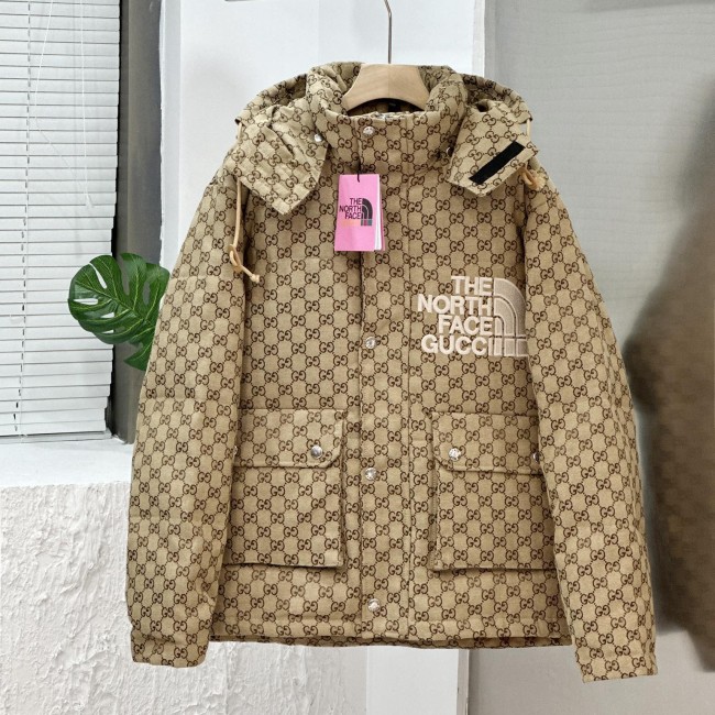Winter Embroidered Logo Hooded Down Jacket with Pockets Khaki