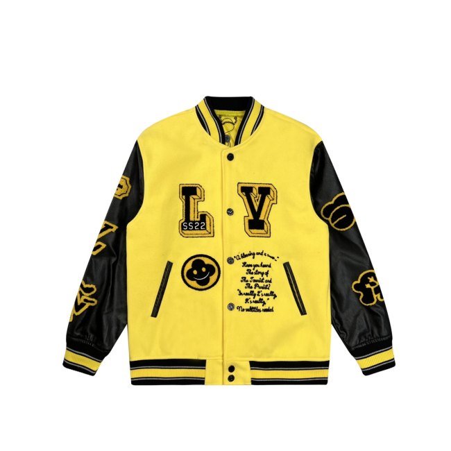 Varsity Jacket College Baseball Jackets Vintage Unisex Streetwear Coats with Patchwork Hipster Utility Tops Yellow