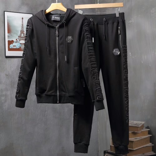 Autumn Men's Embroidered Logo Hooded Jacket Pants Set Black P810