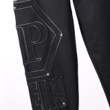 Autumn Men's Printed Logo Hooded Jacket Pants Set Black 881