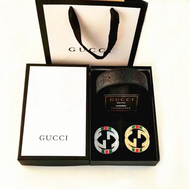 5A Double G Belt Gift Set – Interlocking GG Buckle Leather Belt with 2 Metal Buckles