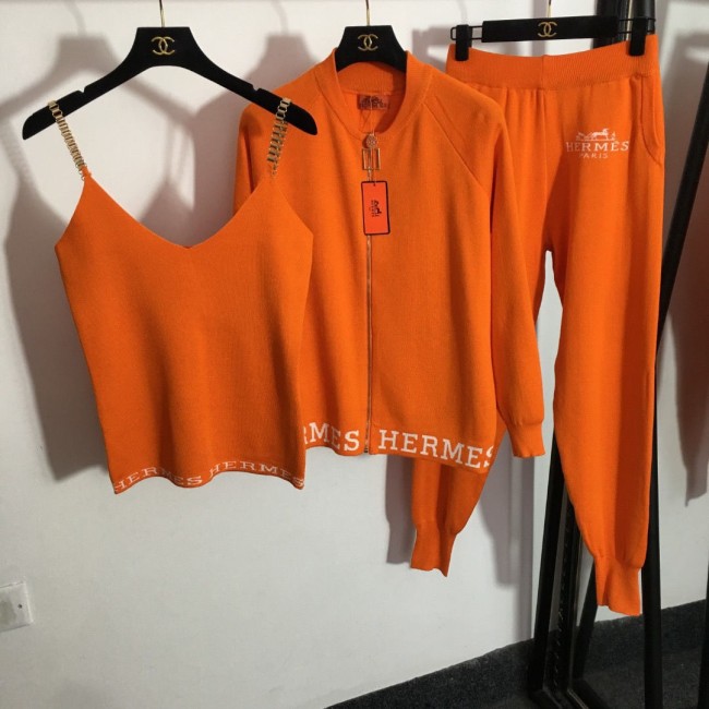 5A Women Simple Sweater Set Jacket Pants Three Piece Suit Orange
