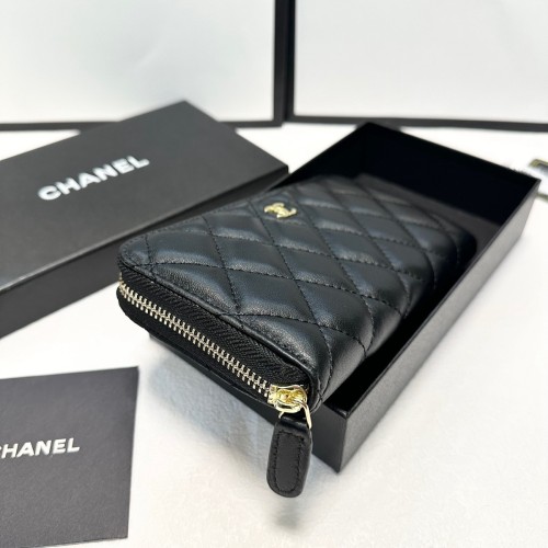 Original 5A Women's Metal Logo Quilted Sewn Finish Cowhide Wallet black