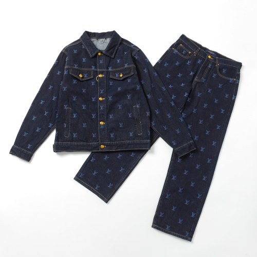 Men and Women Embroidered Logo Denim Jacket Jeans Set Navy Blue