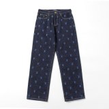 Men and Women Embroidered Logo Denim Jacket Jeans Set Navy Blue