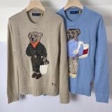 Women's 65% Cotton Oversized Soft Crewneck Warm Pullover Sweater Polo Embroidery Bear Loose Fit Jumper 00808