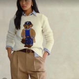 Women's 90% Wool Oversized Soft Crewneck Warm Pullover Sweater Polo Embroidery Bear Loose Fit Jumper 00808