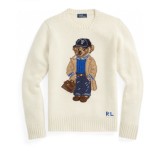 Women's 90% Wool Oversized Soft Crewneck Warm Pullover Sweater Polo Embroidery Bear Loose Fit Jumper 00808