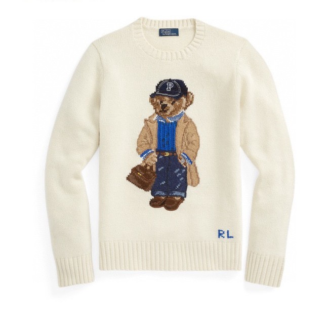 Women's 90% Wool Oversized Soft Crewneck Warm Pullover Sweater Polo Embroidery Bear Loose Fit Jumper 00808