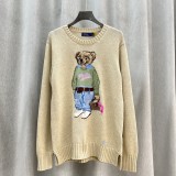Women's 100% Cotton Oversized Soft Crewneck Warm Pullover Sweater Polo Embroidery Bear Loose Fit Jumper