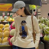 Women's 90% Wool Oversized Soft Crewneck Warm Pullover Sweater Polo Embroidery Bear Loose Fit Jumper 00808
