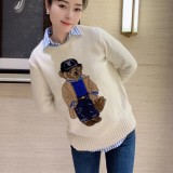 Women's 90% Wool Oversized Soft Crewneck Warm Pullover Sweater Polo Embroidery Bear Loose Fit Jumper 00808