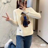 Women's 90% Wool Oversized Soft Crewneck Warm Pullover Sweater Polo Embroidery Bear Loose Fit Jumper 00808