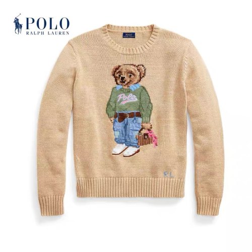 Women's 100% Cotton Oversized Soft Crewneck Warm Pullover Sweater Polo Embroidery Bear Loose Fit Jumper