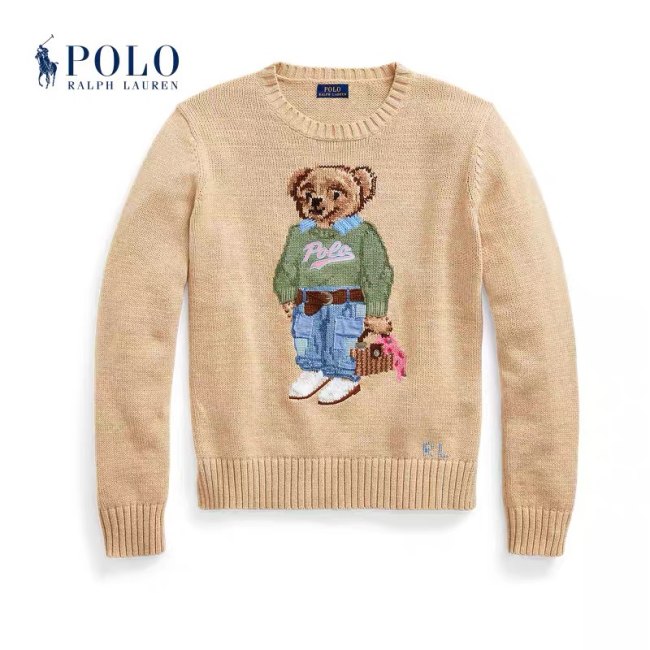 Women's 100% Cotton Oversized Soft Crewneck Warm Pullover Sweater Polo Embroidery Bear Loose Fit Jumper