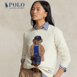 Women's 90% Wool Oversized Soft Crewneck Warm Pullover Sweater Polo Embroidery Bear Loose Fit Jumper 00808