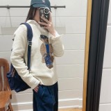 Women's 90% Wool Oversized Soft Crewneck Warm Pullover Sweater Polo Embroidery Bear Loose Fit Jumper 00808