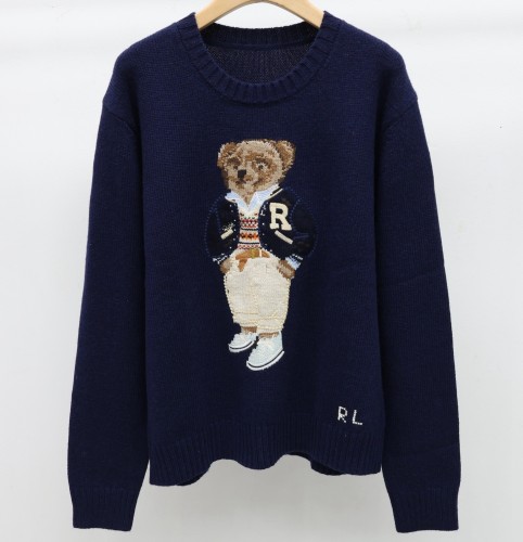Wool Cashmere Blended Fabrics Oversized Soft Crewneck Warm Pullover Sweater Polo Embroidery Bear Loose Fit Jumper