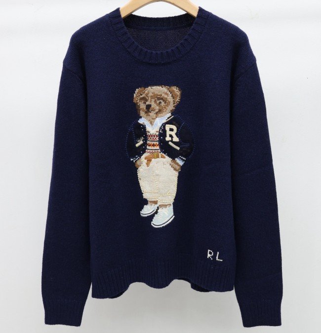 Wool Cashmere Blended Fabrics Oversized Soft Crewneck Warm Pullover Sweater Polo Embroidery Bear Loose Fit Jumper
