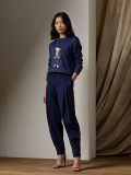 Women's 70% Wool 30% Cashmere Oversized Soft Crewneck Warm Pullover Sweater Polo Embroidery Bear Loose Fit Jumper