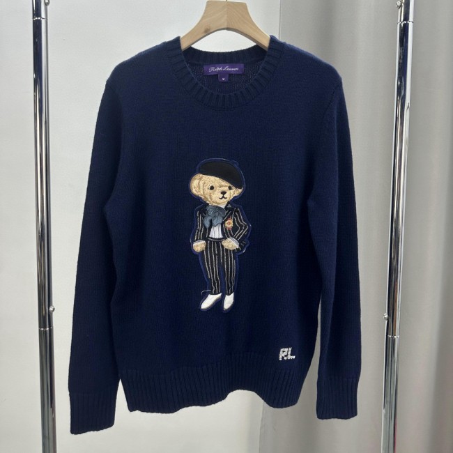 Women's 70% Wool 30% Cashmere Oversized Soft Crewneck Warm Pullover Sweater Polo Embroidery Bear Loose Fit Jumper
