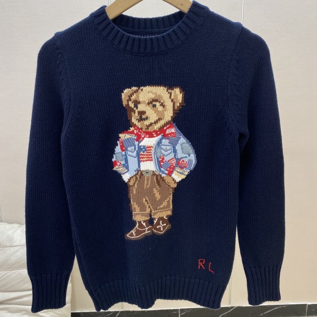 Women's 100% Cotton Oversized Soft Crewneck Warm Pullover Sweater Polo Embroidery Bear Loose Fit Jumper