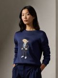 Women's 70% Wool 30% Cashmere Oversized Soft Crewneck Warm Pullover Sweater Polo Embroidery Bear Loose Fit Jumper