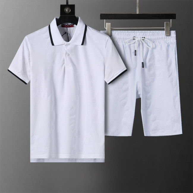 Spring Summer Short Sleeve Polo Shirt Shorts Set White 6550#