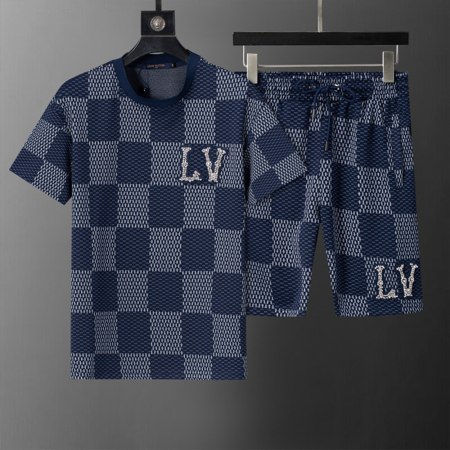 Spring Summer Plaid Short Sleeve T-shirt Shorts Set Blue Grey 6536#