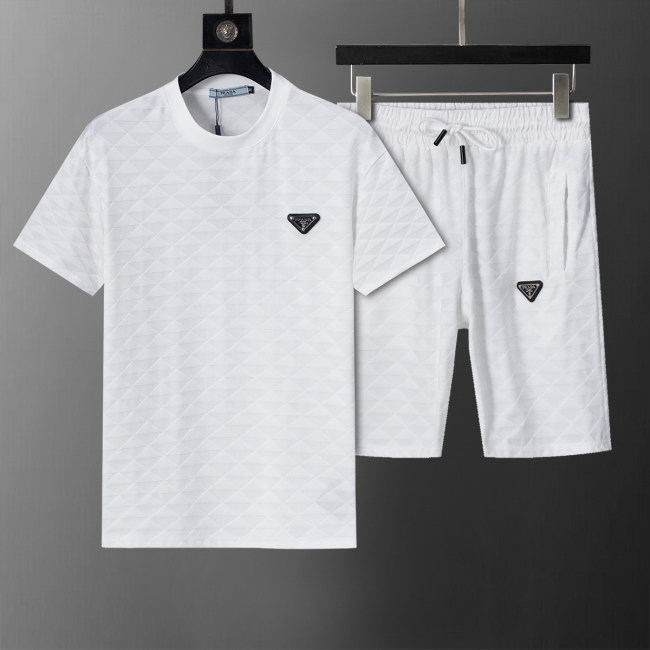 Spring Summer Jacquard Short Sleeve T-shirt Shorts Set White 6549#