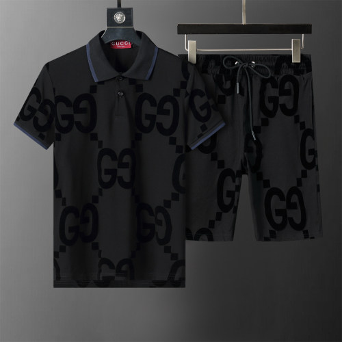 Spring Summer Short Sleeve Polo Shirt Shorts Set Black 6550#