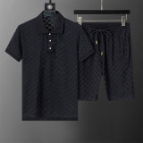 Spring Summer Embroidered Logo Plaid Short Sleeve Polo Shirt Shorts Set Black 6553#