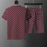 Spring Summer GG Jacquard Logo Short Sleeve Polo Shirt Shorts Set Dark Red 6547#