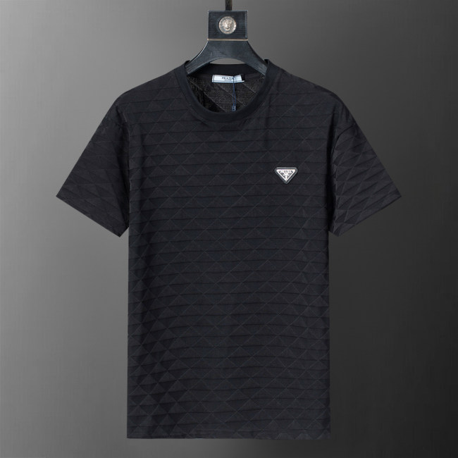 Spring Summer Simple Jacquard Short Sleeve T-Shirt Black 25010#