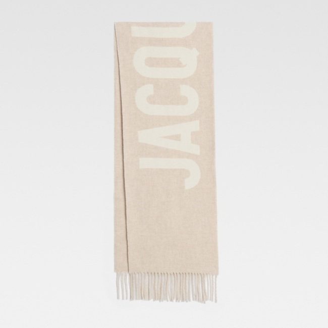 Original Synthetic Fiber Simple Jacquard Logo Fringe Scarf Beige