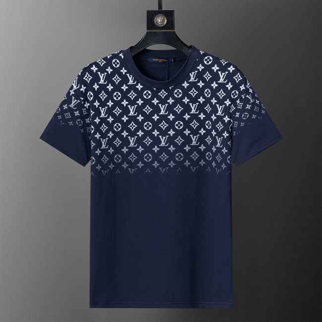 Spring Summer Gradient Color Printed Cotton Short Sleeve T-Shirt Dark Blue 31040#