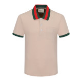 Spring Summer Men's Simple Short Sleeve Polo Shirt With Pocket Beige 26003
